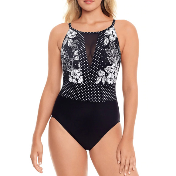 SWIM SOLUTIONS Black Floral Mesh One Piece Swimsuit 14 NEW - Picture 1 of 7
